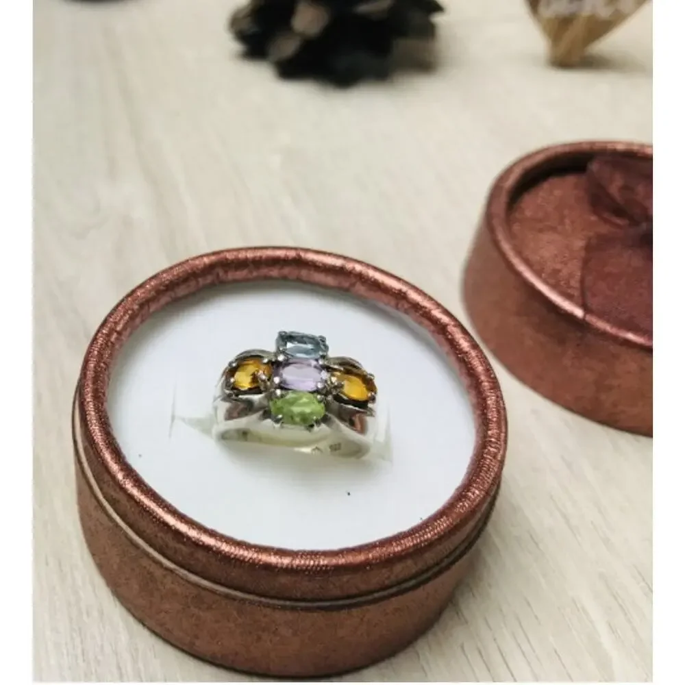 925 Sterling Silver Multi Gemstones Ring Size 6.5